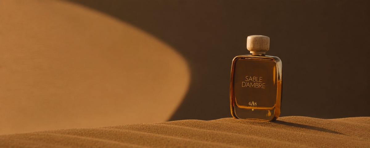 Sable d'ambre perfume bottle resting on sand dunes at sunset, from the Fragrance & Body collection
