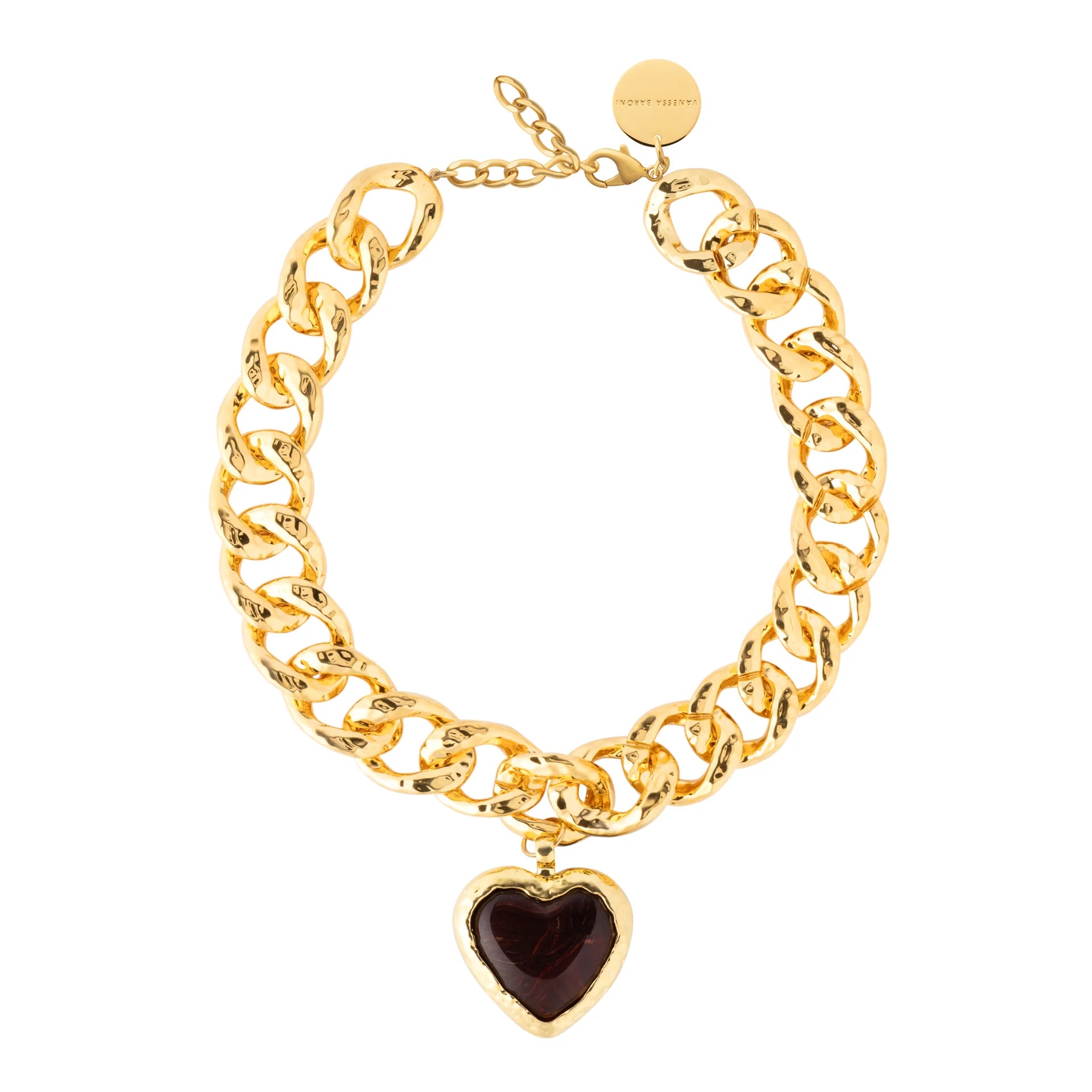 Big Hammered Necklace With Heart - Gold / Bordeaux Marble