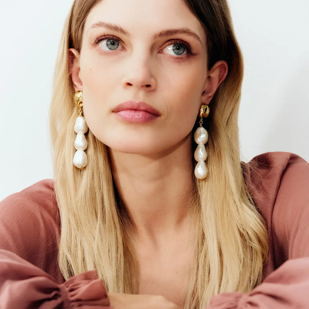 Triple Organic Pearl Earring -Pearl