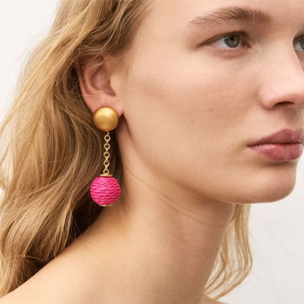 Hanging Raffia Dot Earring - Fuschia