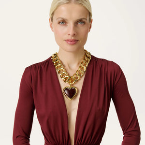 Big Hammered Necklace With Heart - Gold / Bordeaux Marble